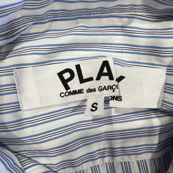 NWOT COMME DES GARÇONS PLAY Blue & White Striped Heart Patch Shirt Long - Picture 7 of 11